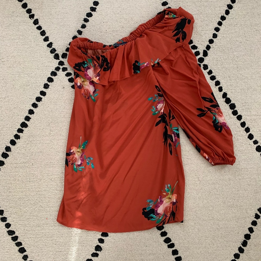 French Connection Rust Red Floral One-Shoulder Dress